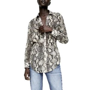 Zara Long Sleeve Chiffon Blouse Snakeskin Pleated Waist in Brown/Cream Size XL